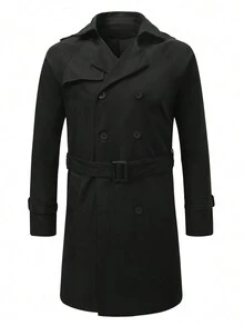 Manfinity Homme Men'S Lapel Collar Double Breasted Belted Trench Coat - Black - View 3