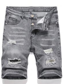 Manfinity EMRG Men's Grey Distressed Denim Shorts Jorts Plain Light Vacation Vintage - Grey - View 1