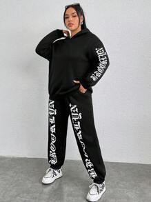 SHEIN Coolane 夜光字母運動衫和運動褲兩件套 - 黑色 - 查看 4