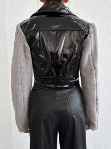 EURMUSE Women's Fleece Patchwork Belted Jacket - Black - View 2