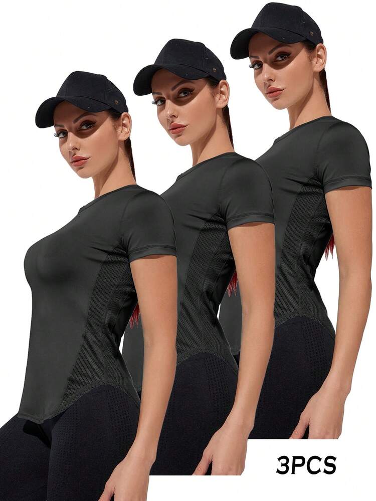 SHEIN Sports 純色短袖運動t卹 - 黑色 - 查看 1