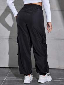 RueChic Plus Size Flap Pocket Drawstring Waist Workwear Pants - Black - View 2