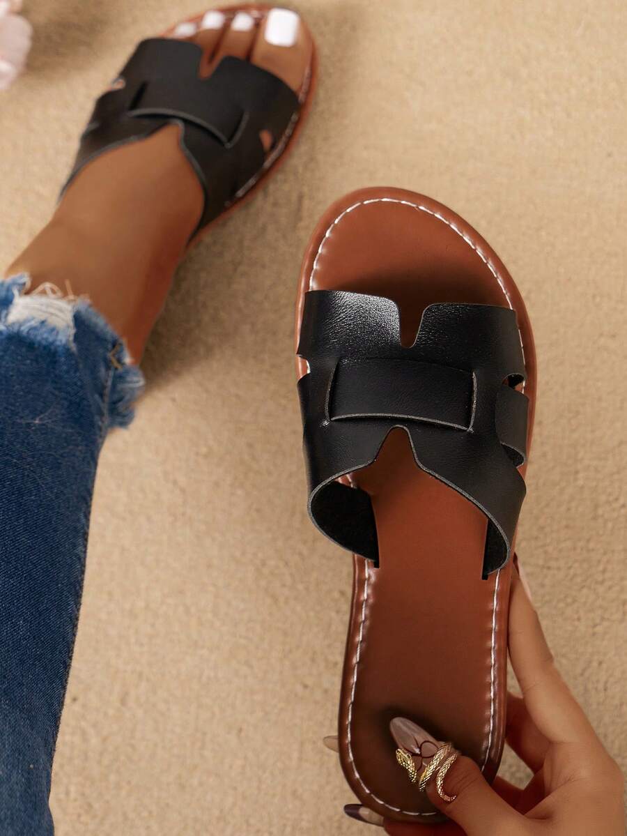 韩版休闲平底凉鞋，夏季露趾拖鞋，秋季新款编织罗马风沙滩鞋，夏季女士时尚搭配裙装去海滩，波西米亚风度假平底凉鞋，易穿沙滩拖鞋 - 黑色 - 查看 1