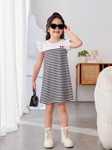 SHEIN 女童運動甜美針織條紋洋裝 - 白色 - 查看 4