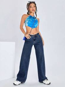 SHEIN ICON 女性中腰寬鬆牛仔褲 - 深色水洗藍 - 查看 4