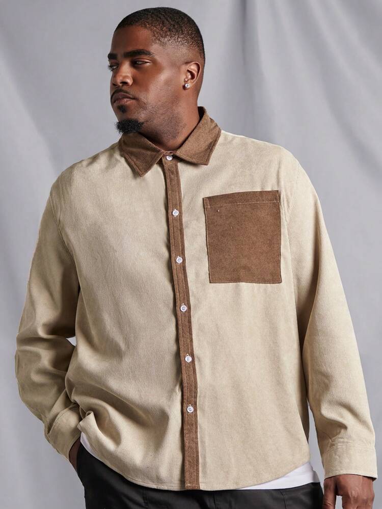 Men's Plus Size Color-block Patchwork Shirt With Pocket