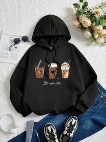 SHEIN LUNE Áo nỉ nữ cỡ lớn màu cà phê in chữ, có dây rút. - màu đen - Xem 6