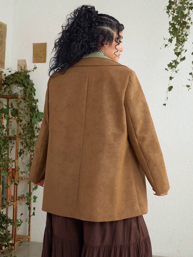 Plus Size Solid Color Coat With Front Button Closure