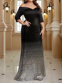 SHEIN Belle 女士加大码露肩渐变亮片晚礼服优雅正式舞会婚礼宾客礼服，适合毕业典礼、晚宴派对礼服 - 彩色 - 查看 5