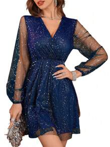 Women's Mesh Sparkle Sequin Dress - Navy Blue - View 1