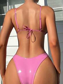 SHEIN Swim SXY 三角杯皮革pu比基尼泳衣套裝 - 粉色 - 查看 2