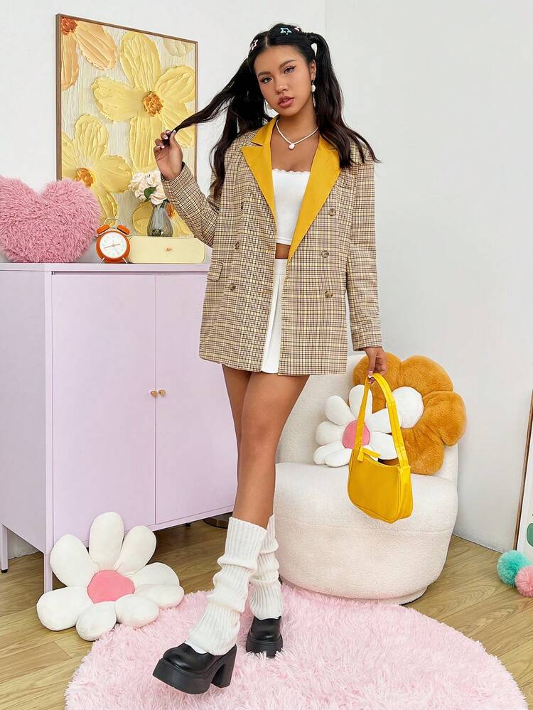 Women'S Plaid Collar Double Breasted Color-Block Blazer