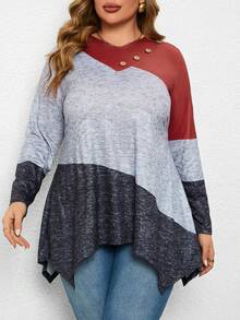 Camiseta de manga larga con bloque de color y bajo asimétrico para mujer talla grande - Multicolor - Ver 5