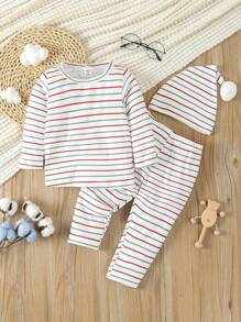 嬰幼兒男童條紋印花家居套裝 - 白色 - 查看 1