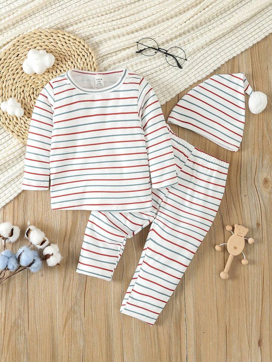 嬰幼兒男童條紋印花家居套裝 - 白色 - 查看 1