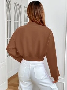 SHEIN EZwear 女用字母壓花立領超大落肩運動衫 - 咖啡棕 - 查看 2