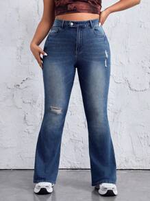 SHEIN EZwear Women's Plus Size Distressed Water Washing Flared Jeans - Dark Wash - View 7