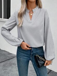 SHEIN Clasi 女式v領口襯衫,氣球袖式,全印花款 - 彩色 - 查看 3