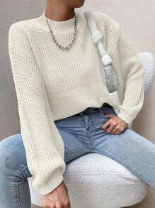 SHEIN Essnce Women's Stand Collar Drop Shoulder Design Long Sleeve Sweater Pullover - White - View 5