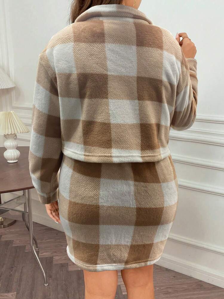 Plus Size Plaid Jacket And Skirt Two Piece Set