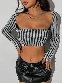 SHEIN Unity Women's Short Striped Sweater Knit Pullover Fall Winter Outfit - Grey - View 4