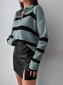 EURMUSE Jersey con patrón de rayas con cremallera media de hombros caídos - Gris - Ver 5