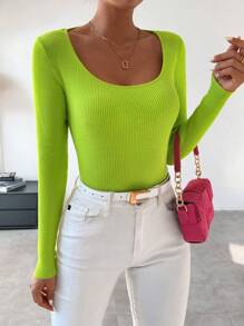 SHEIN LUNE Suéter de punto acanalado sin espalda de unicolor para otoño e invierno - Verde - Ver 6