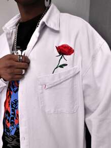 Manfinity Roghcode Lỏng lẻo phù hợp Nam In hoa Cúc bấm Áo denim - trắng - Xem 7