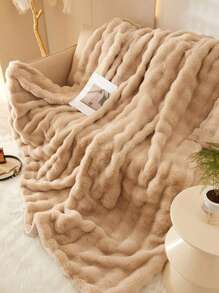 1pc Solid Color Faux Jacquard Bubble Plush Blanket, Skin-Friendly Comfortable Warm, Suitable For Bed Or Sofa - Khaki - View 5