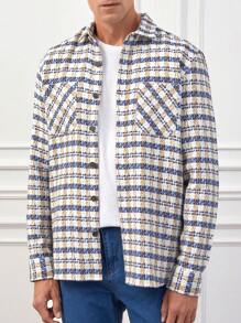 RueChic Men's Plaid Shacket With Front Pockets - Blue and White - View 4