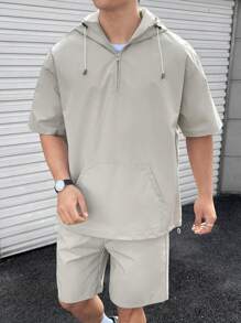 Claim Dot 男士宽松袋鼠口袋半拉链上衣和短裤套装，亚麻布，外出，男友礼物，纯色，休闲 - 灰色 - 查看 3