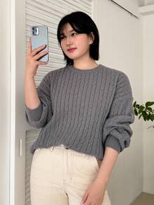 Dazy Petite Plus NỮ Màu thuần Vòng cổ Tay áo dài Áo chui đầu Áo len - Xám - Xem 7