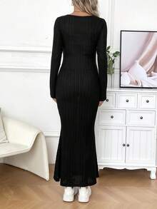 SHEIN 孕婦方領魚尾下擺長袖連身裙 - 黑色 - 查看 3