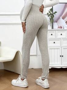 SHEIN 孕婦純色針織條紋彈力褲,可調節腰圍 - 杏色 - 查看 2