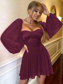 D&M Dệt hoa Vá lại Chiffon Lỏng lẻo Hem Tay áo dài Đầm tiệc rượu - Màu đỏ tím - Xem 4