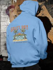 Áo nỉ trùm đầu in chữ nhiệt đới thường ngày cho nam, mùa thu/đông - Màu xanh nhạt - Xem 1