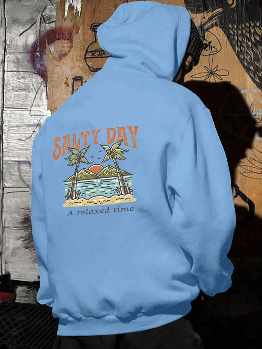 Áo nỉ trùm đầu in chữ nhiệt đới thường ngày cho nam, mùa thu/đông - Màu xanh nhạt - Xem 1