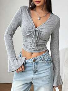 SHEIN EZwear 复古风格灰色女式V领褶饰系带修身喇叭袖T恤 - 灰色 - View 3