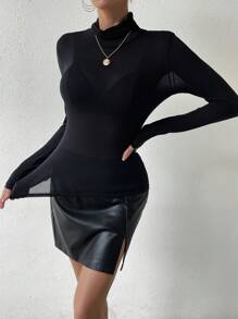 Chiquease 高領透明網紗長袖上衣 - 黑色 - 查看 4