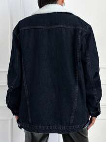 EURMUSE Borg Collar Drop Shoulder Flap Detail Denim Coat - Dark Wash - View 2