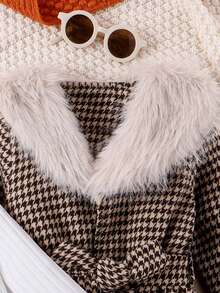 SHEIN Little Girls' Houndstooth Stand Collar Patchwork Dress And Coat Jacket Two Piece Set - Khaki - View 5