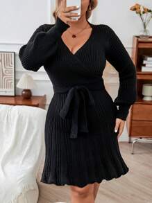 Calvaya Plus Size Women's V-neck Ribbed Slim Fit Sweater Dress With Belt - Black - View 4