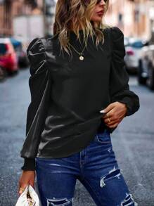 SHEIN Clasi 小高領羊腿袖襯衫 - 黑色 - 查看 4