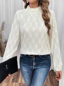 SHEIN Frenchy Women's Lantern Sleeve Shirt With Hollow Out Embroidery, Back Button Detail - Apricot - View 5