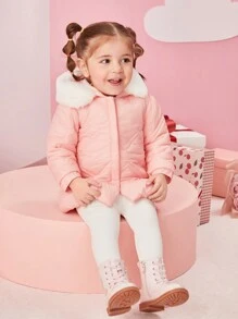 SHEIN 女童休闲保暖厚款保暖内衬连帽长袖夹克，适合秋冬季户外活动 - 粉色 - 查看 1