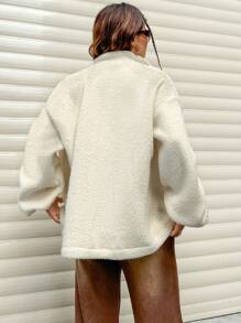 SHEIN Unity Women's Solid Color Plush Letter Print Long Sleeve Jacket - Apricot - View 2