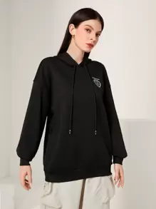 Seusyu Women's Graphic Hooded Sweatshirt With Drawstrings - Black - View 3