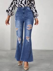 SHEIN Essnce Jeans Svasati Da Donna Con Fori Effetto Consumato
