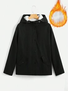 SHEIN EZwear Màu thuần Dây rút áo có mũ Áo khoác - màu đen - Xem 1