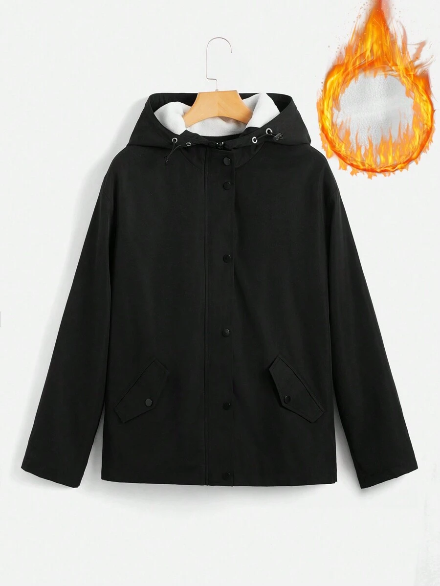 SHEIN EZwear Màu thuần Dây rút áo có mũ Áo khoác - màu đen - Xem 1